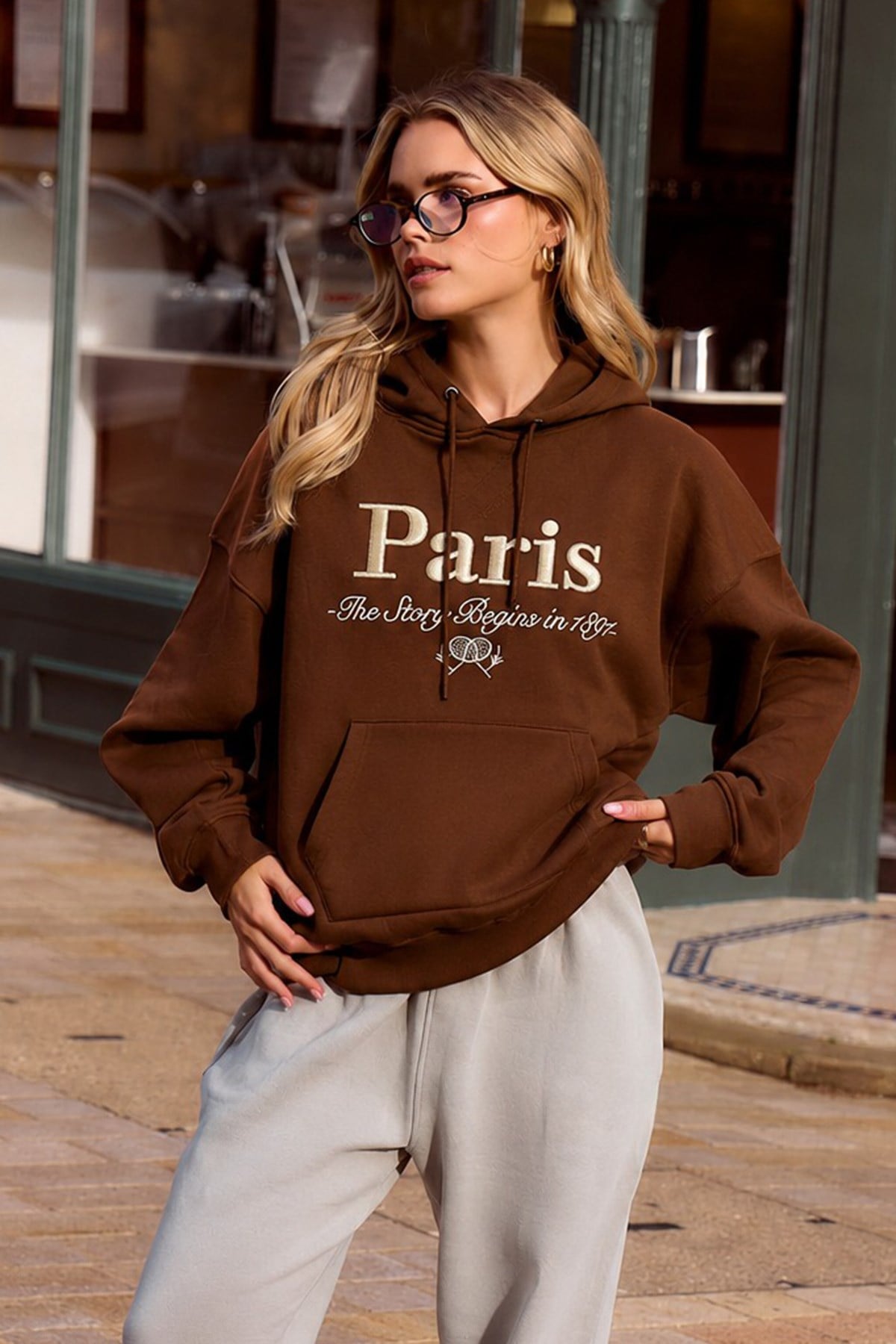 Kahverengi Oversize Kapüşonlu Kadın Sweatshirt SH190