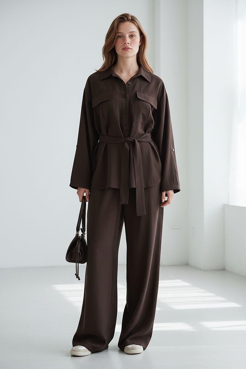 Kahverengi Uzun Kollu Oversize Kadın Takım SH338