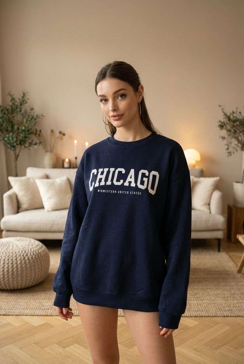 Lacivert Bisiklet Yaka Baskılı Sweatshirt SH127