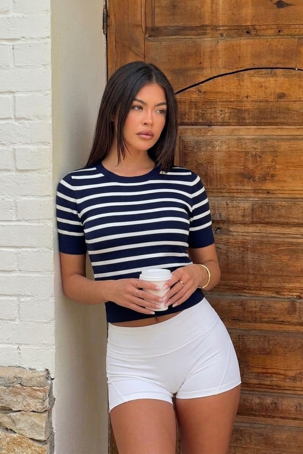Lacivert Bisiklet Yaka Çizgili Kadın T-shirt SH371