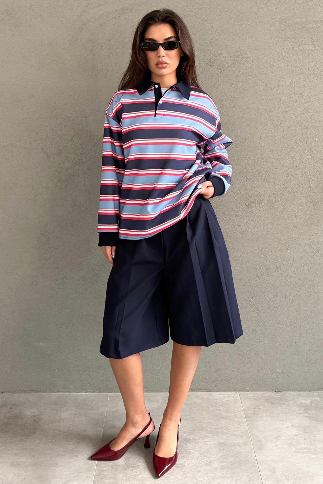 Lacivert Çizgili Polo Yaka Kadın Sweatshirt SH324
