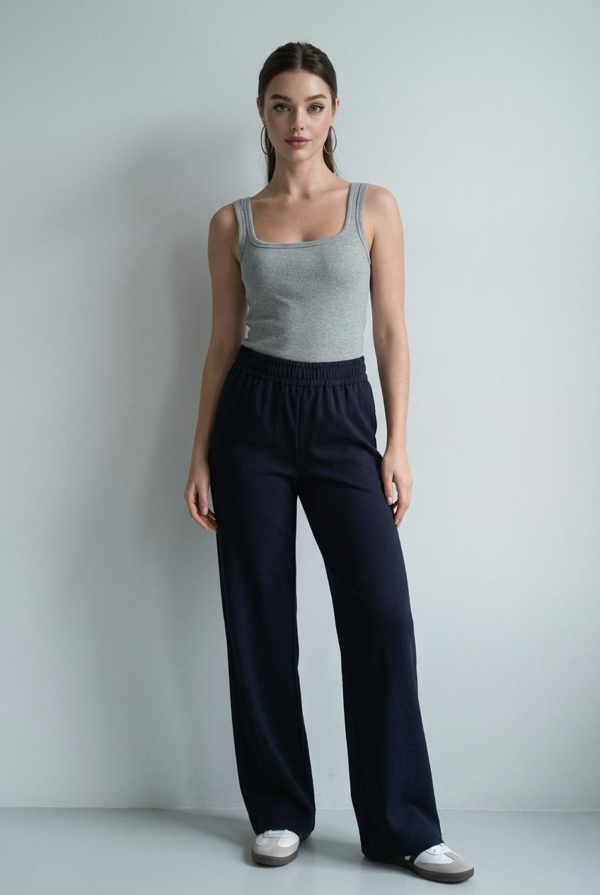 Lacivert Geniş Paça Beli Lastikli Basic Uzun Kadın Pantolon SH191