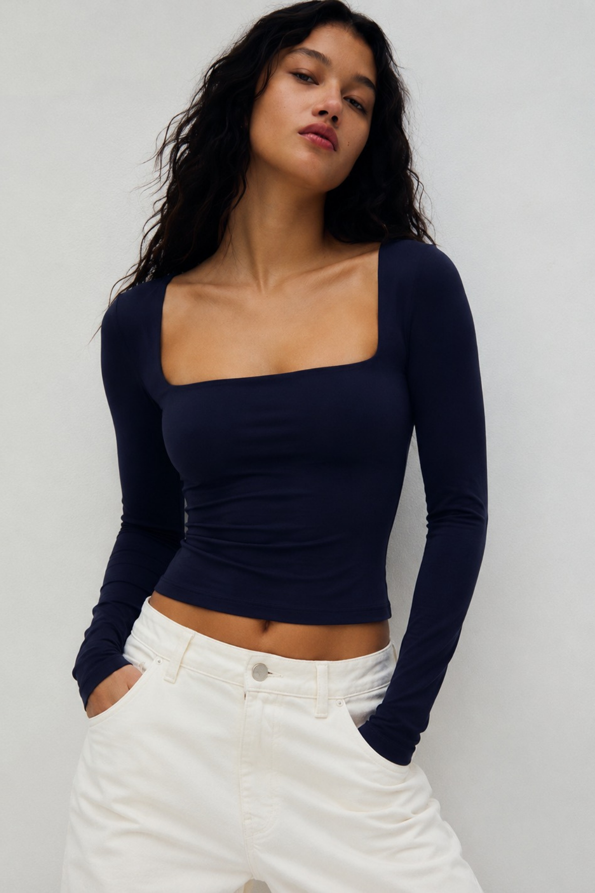 Lacivert Kare Yaka Uzun Kollu Kadın Body SH206