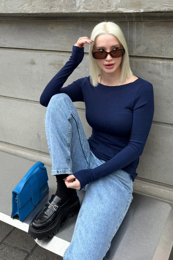 Lacivert Kayık Yaka Uzun Kollu Body SH322
