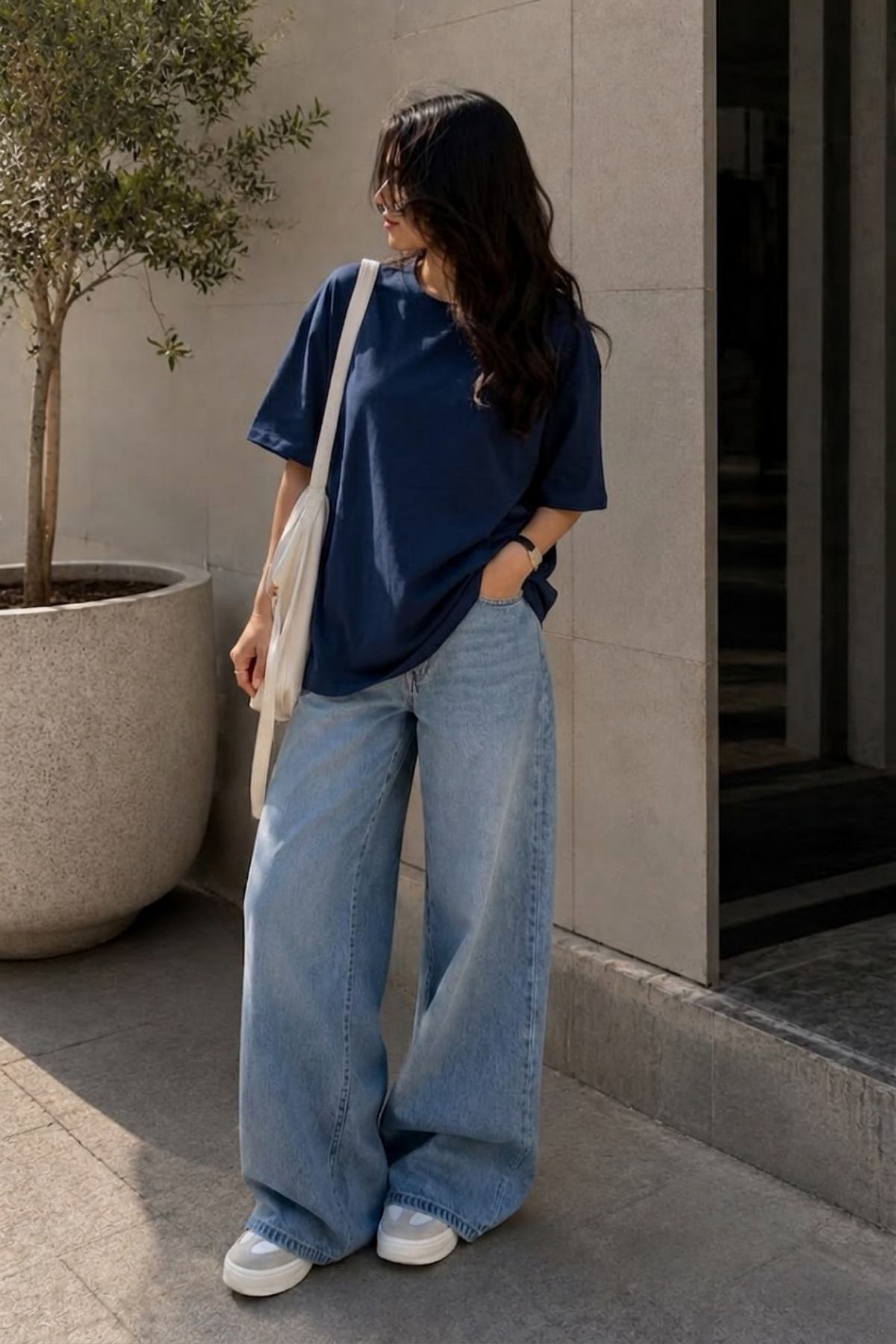 Lacivert Kısa Kollu Oversize Basic Kadın T-Shirt SH281