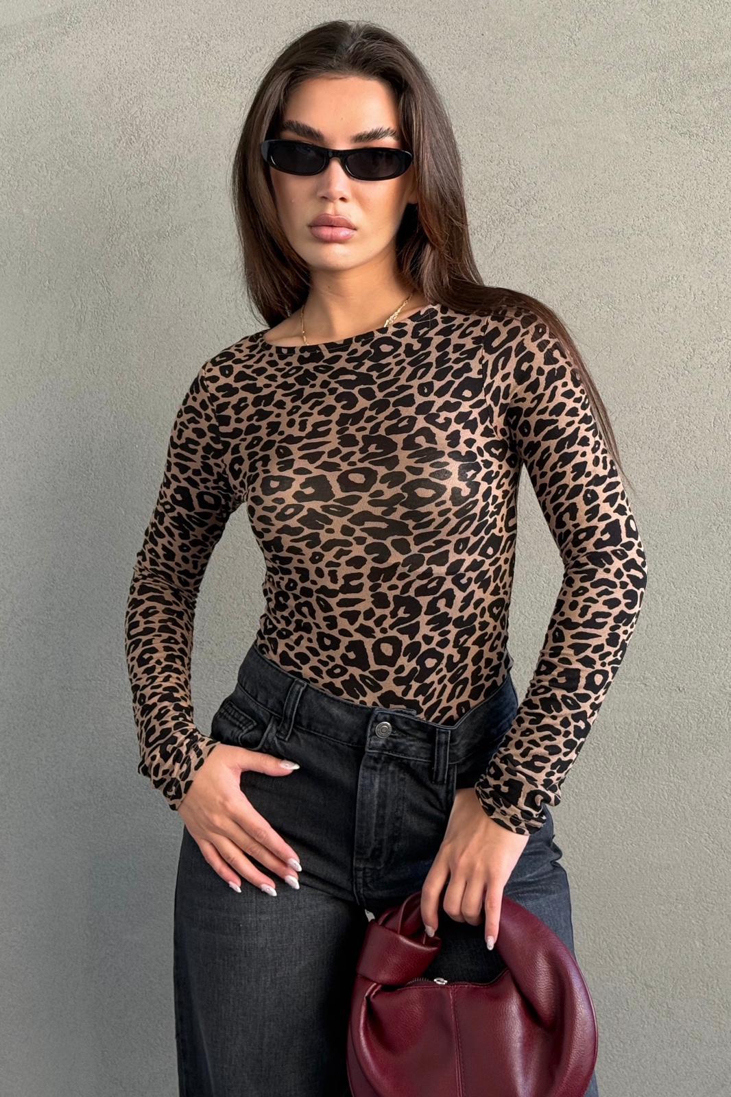 Leopar Kayık Yaka Uzun Kollu Body SH322