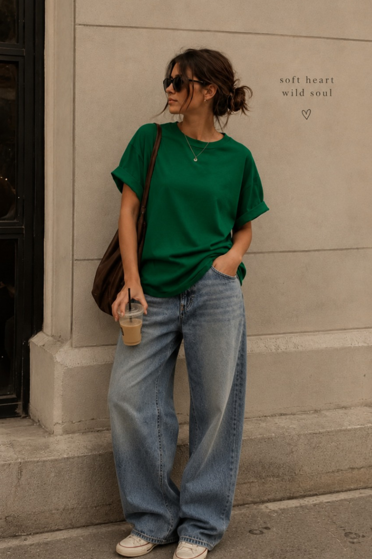 Nefti Yeşili Kısa Kollu Oversize Basic Kadın T-Shirt SH281
