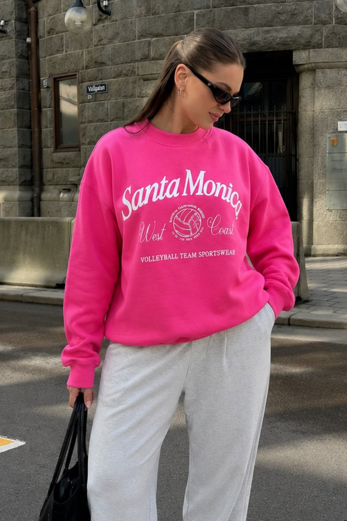 Pembe Bisiklet Yaka Oversize Desenli Sweatshirt SH115