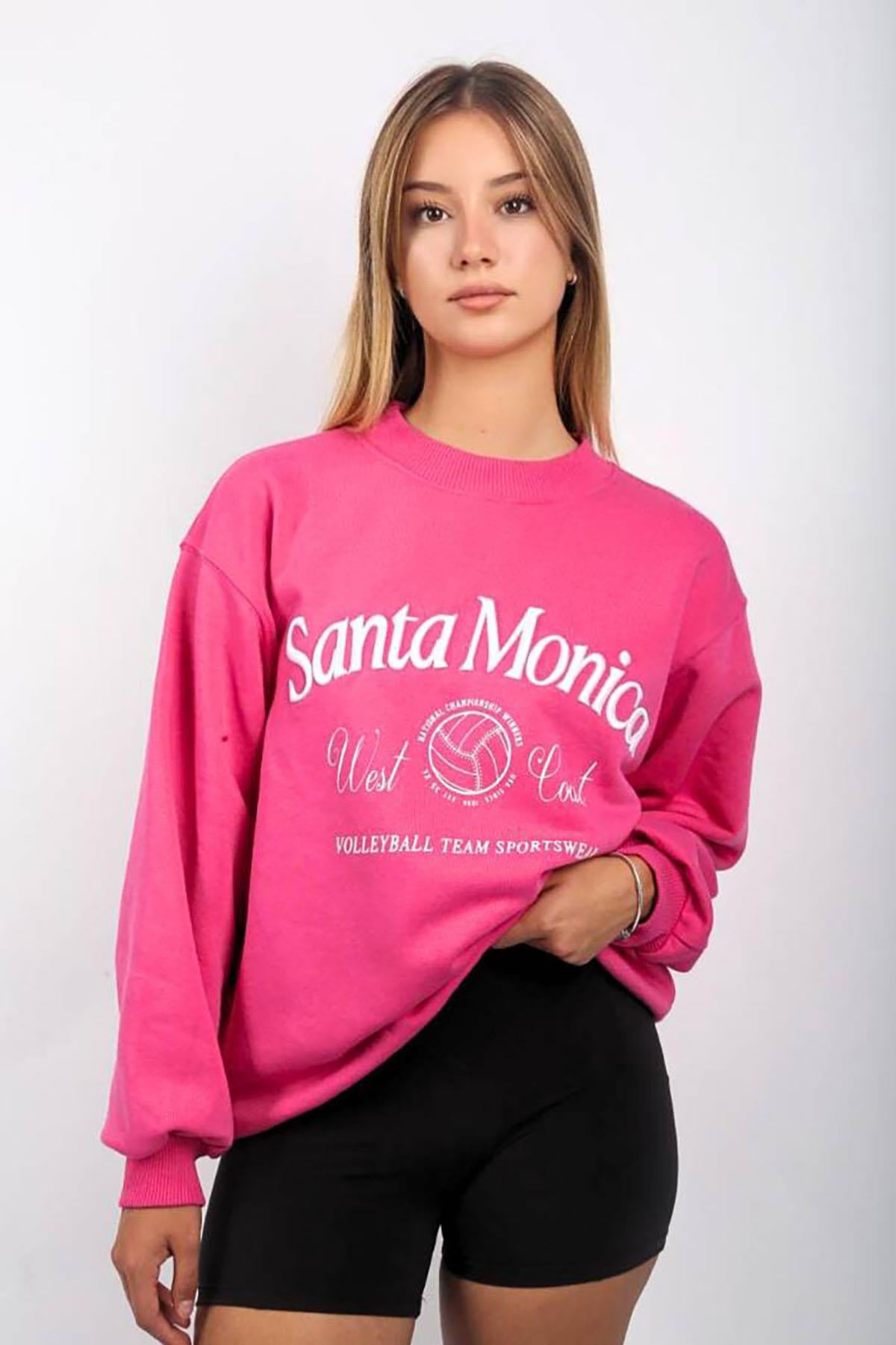 Pembe Bisiklet Yaka Oversize Desenli Sweatshirt SH115
