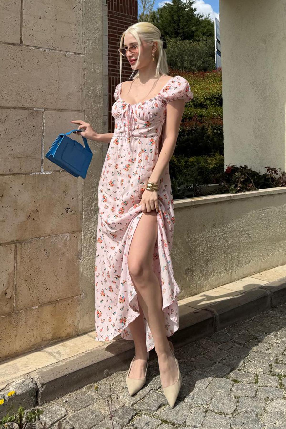 Pembe Çiçekli Yırtmaçlı Kadın Elbise Sh108