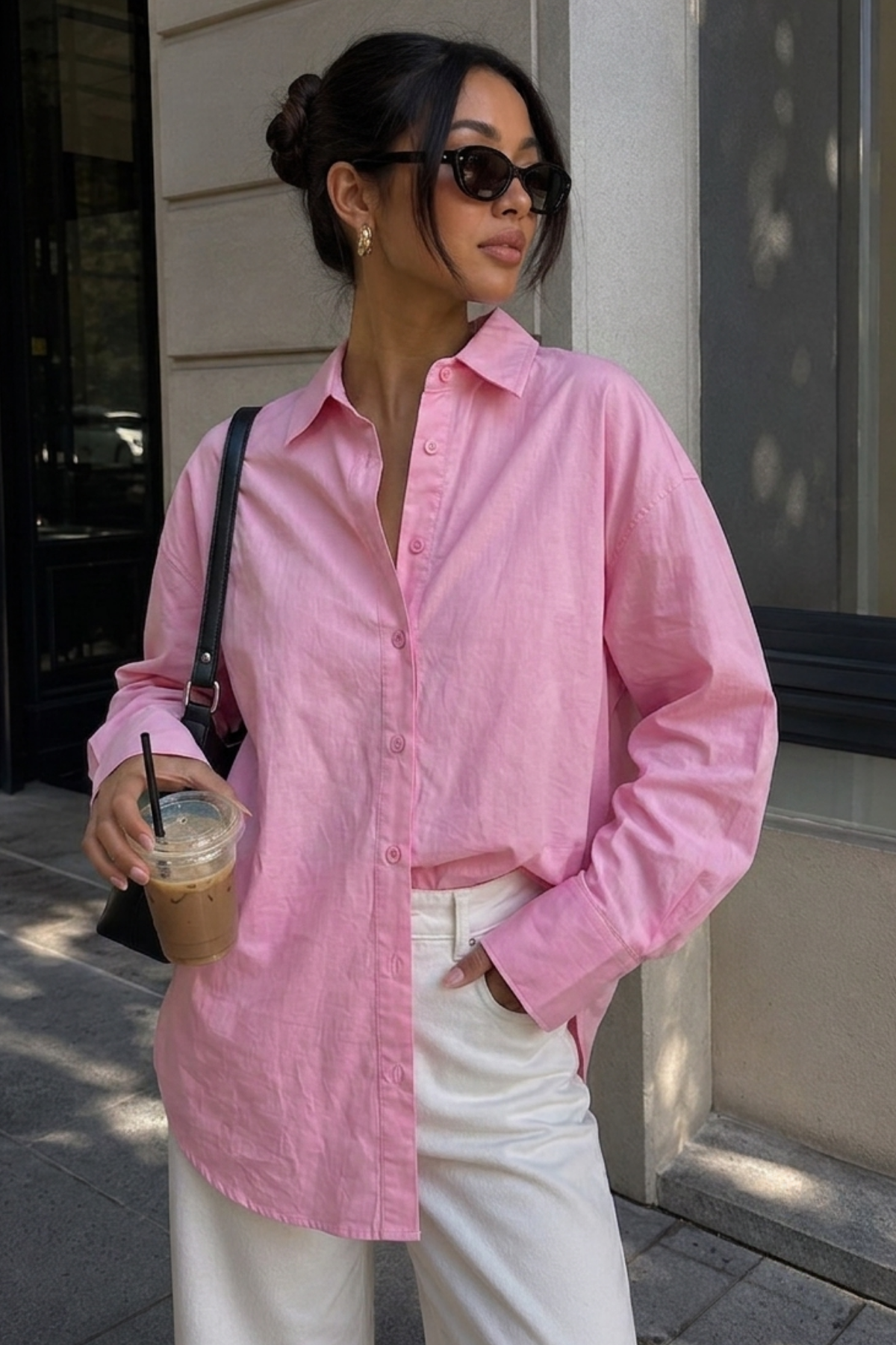 Pembe Oversize Basic Kadın Gömlek SH268