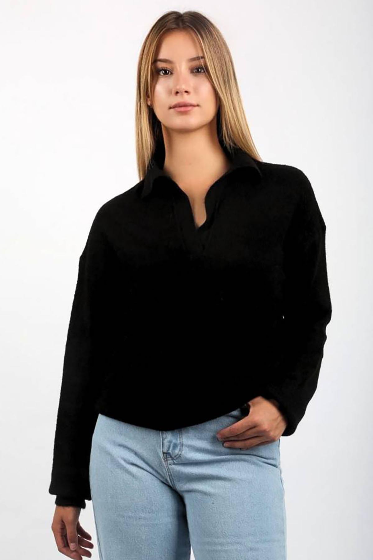 Siyah Basic Polo Yaka Kazak SH123