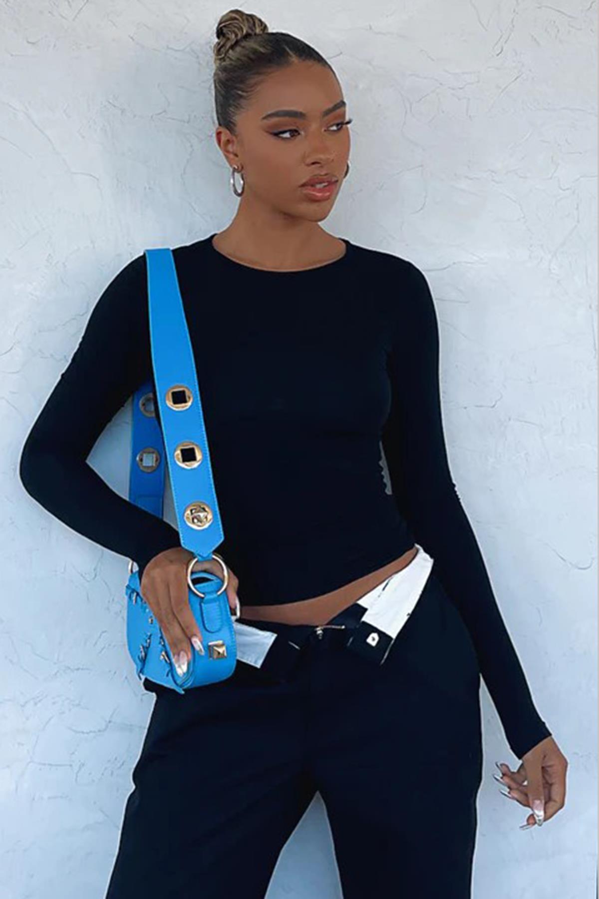 Siyah Bisiklet Yaka Basic Uzun Kollu Body SH142