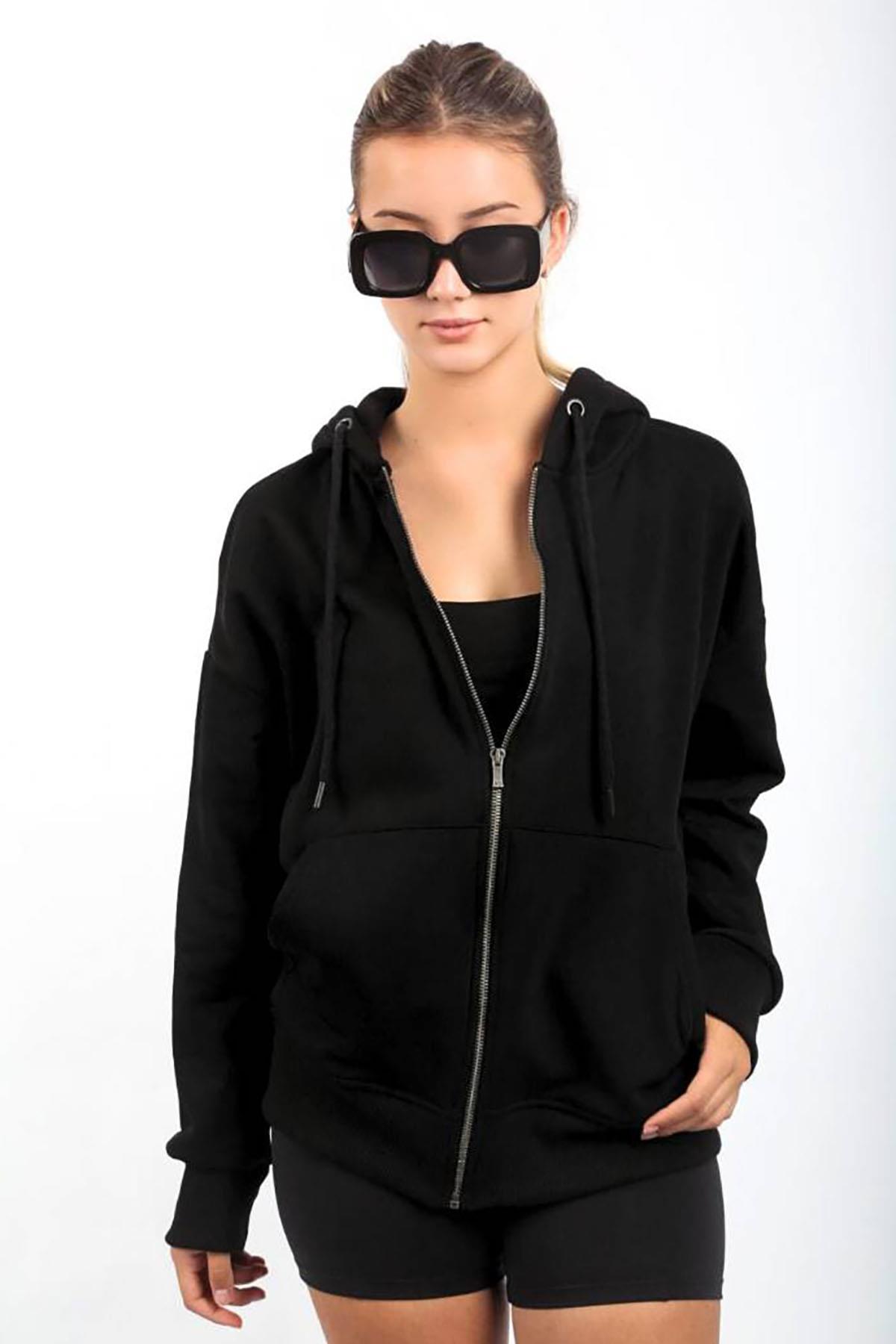 Siyah Fermuarlı Kapüşonlu Sweatshirt SH113