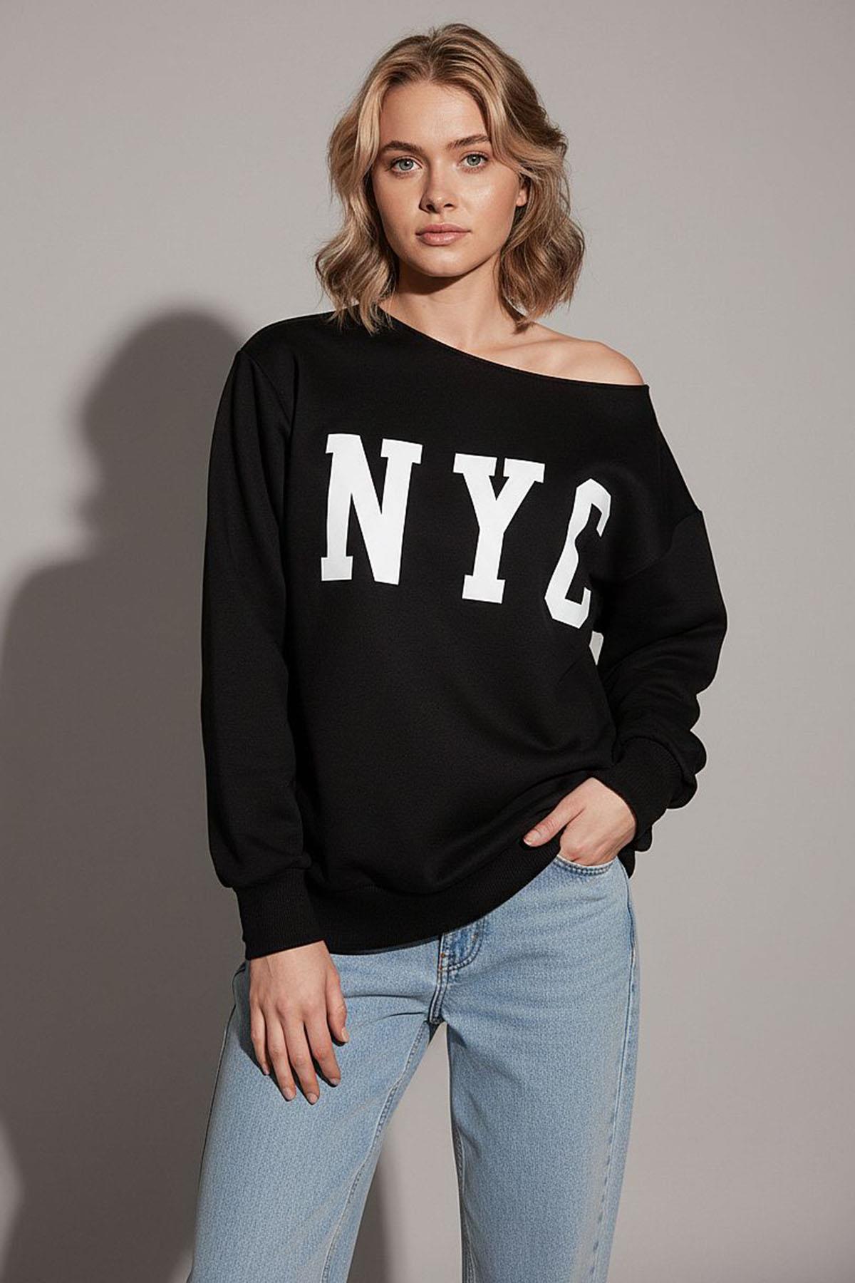 Siyah Kayık Yaka Oversize Baskılı Kadın Sweatshirt SH204