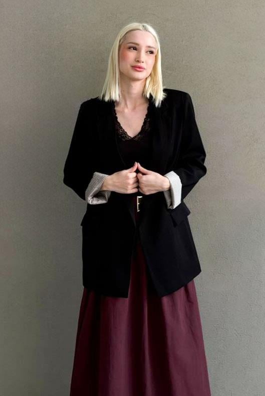 Siyah Kol Desenli Blazer Kadın Ceket SH339