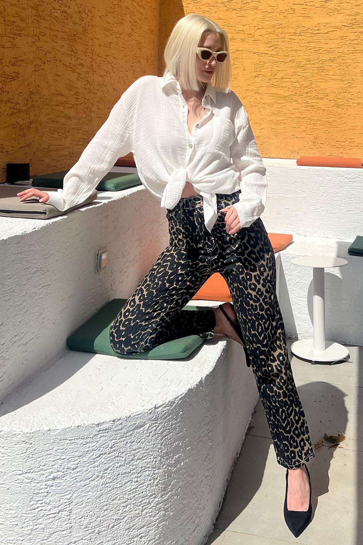 Siyah Leopar Palazzo Kadın Jean Pantolon SH175