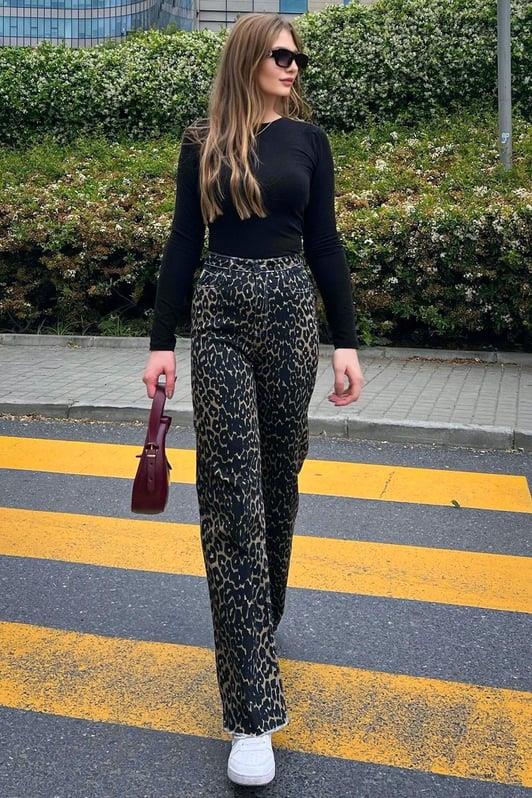 Siyah Leopar Palazzo Kadın Jean Pantolon-SH352