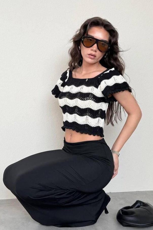 Siyah Örme Kadın T-shirt SH285