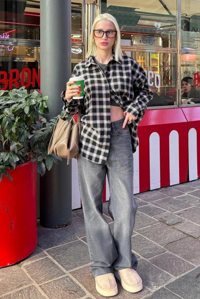 Siyah Oversize Ekose Desenli Kadın Gömlek SH334