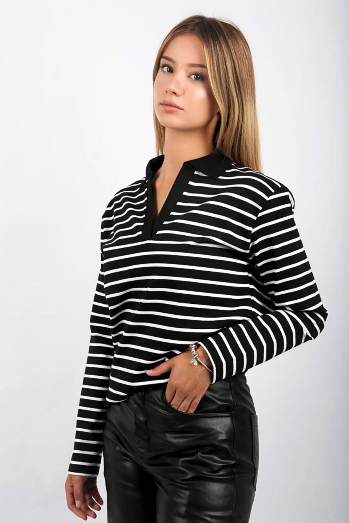Siyah Polo Yaka Çizgili Sweatshirt SH117