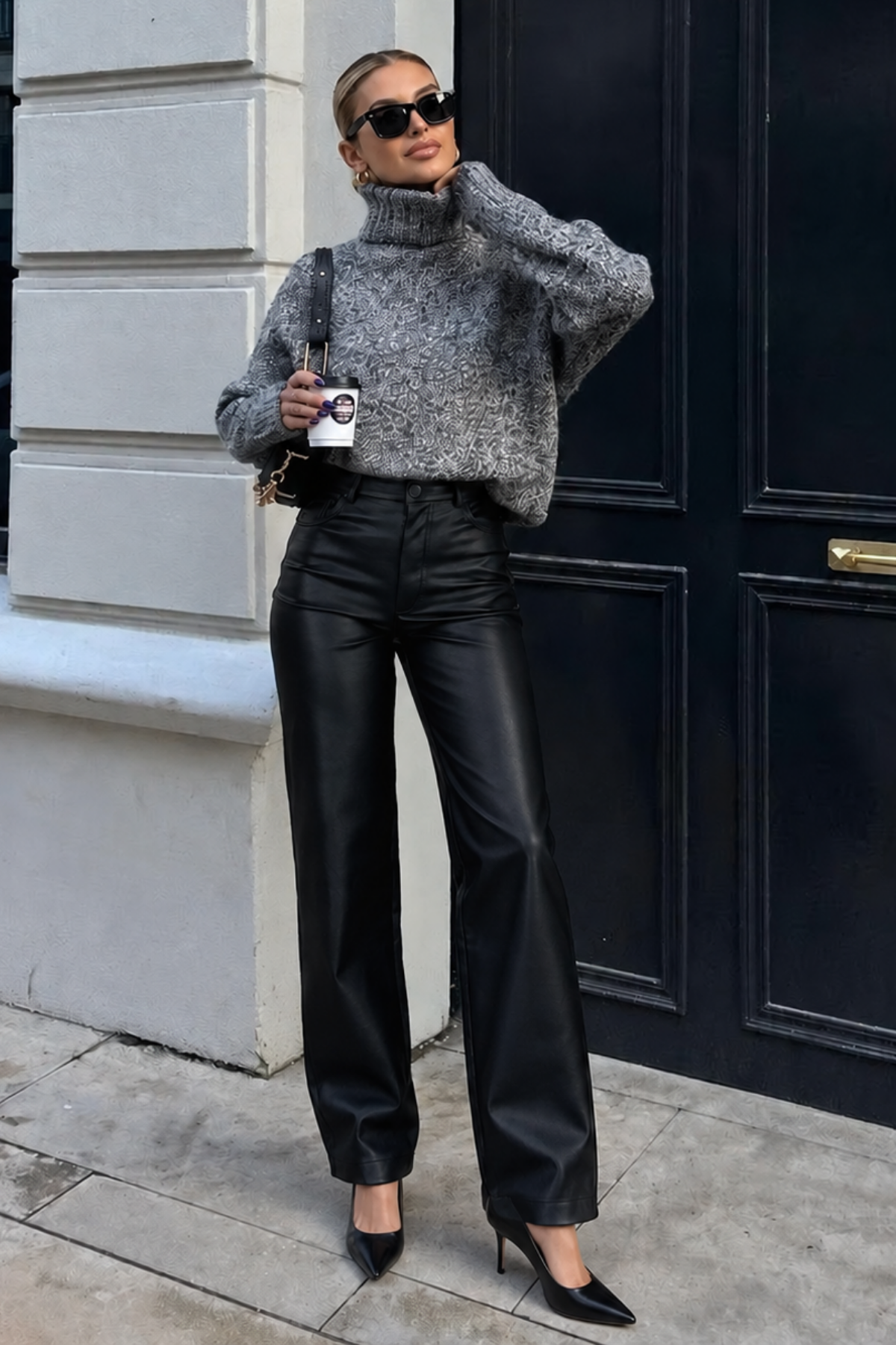 Siyah Yüksek Bel Deri Kadın Pantolon SH403 