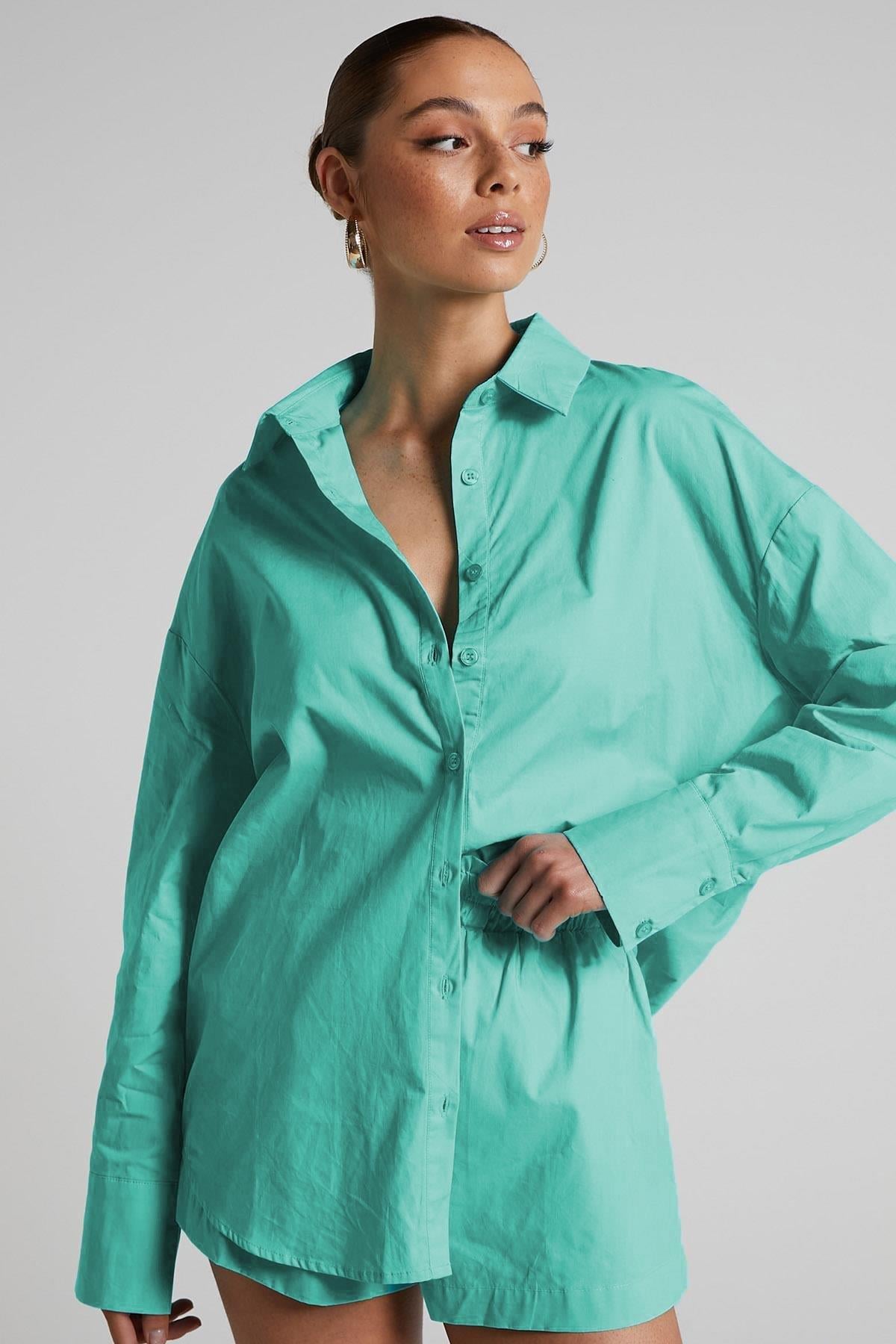 Turkuaz Oversize Basic Kadın Gömlek SH268