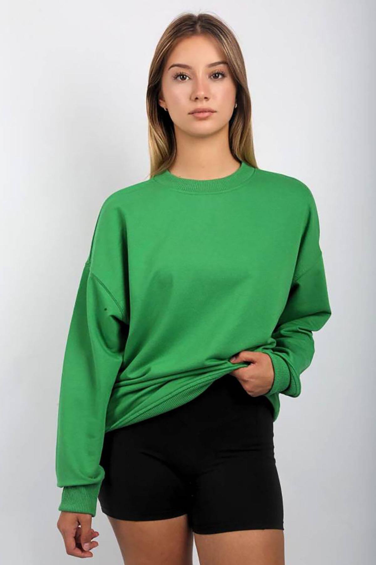 Yeşil Bisiklet Yaka Basic Sweatshirt SH111