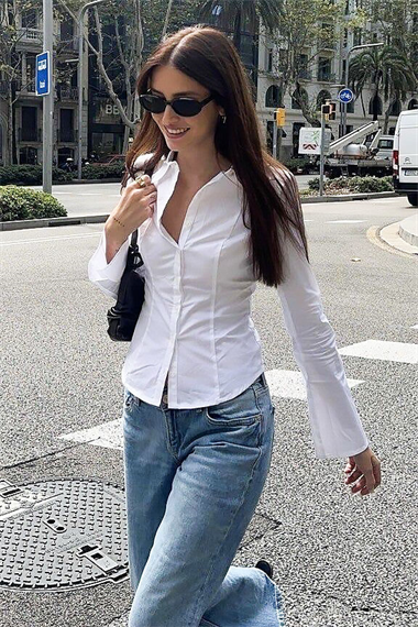 Beyaz Uzun Kollu Vücuda Oturan Gömlek SH356