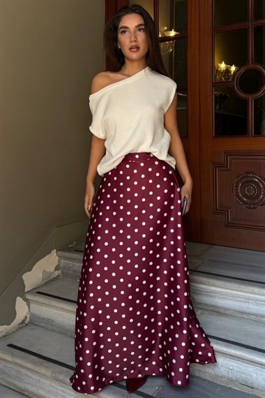 Bordo Puantiyeli Maxi Kadın Saten Etek SH385