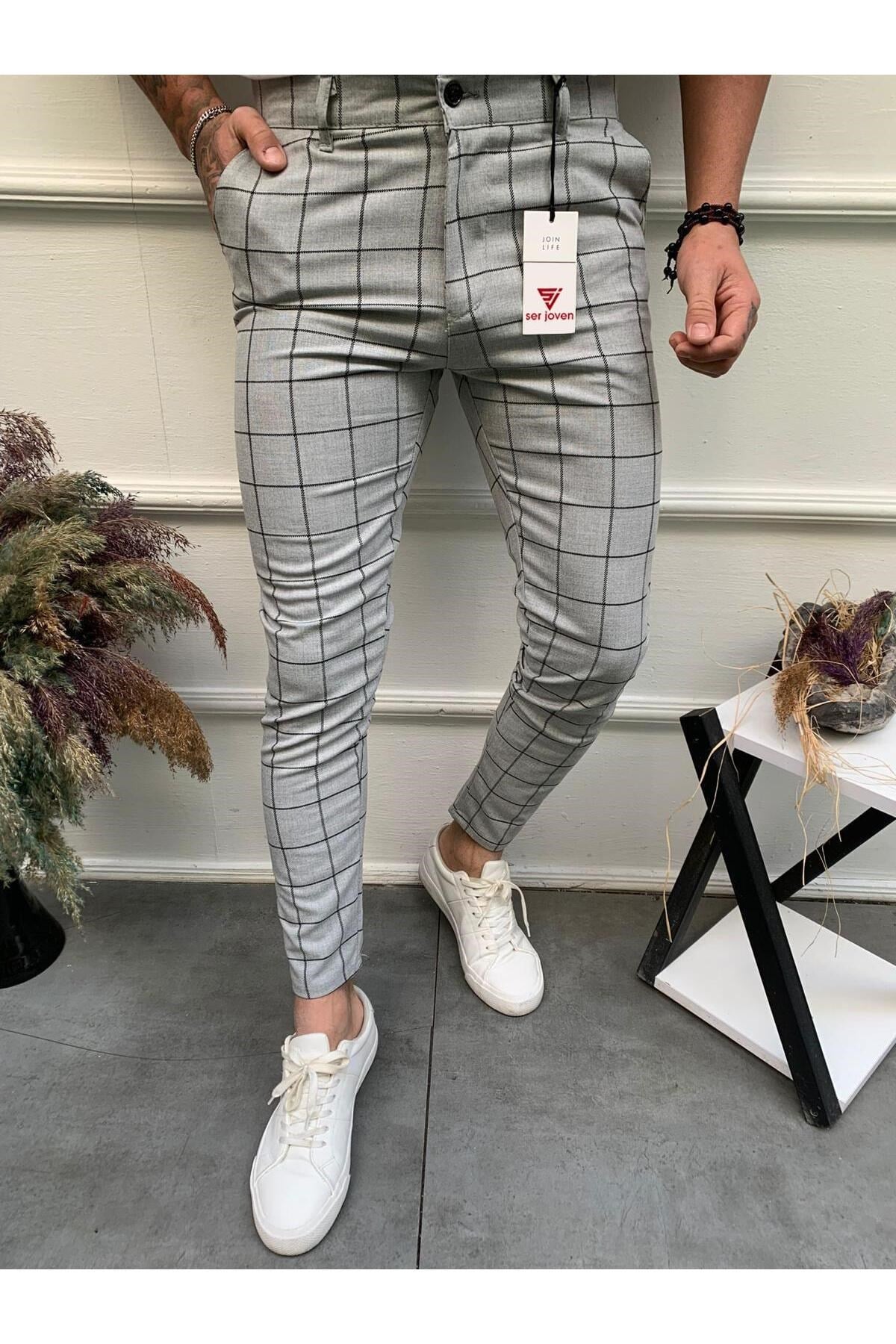 Erkek Açık Gri Slim Fit Ekoseli Likralı Yan Cep Bilek Boy Kumaş Pantolon