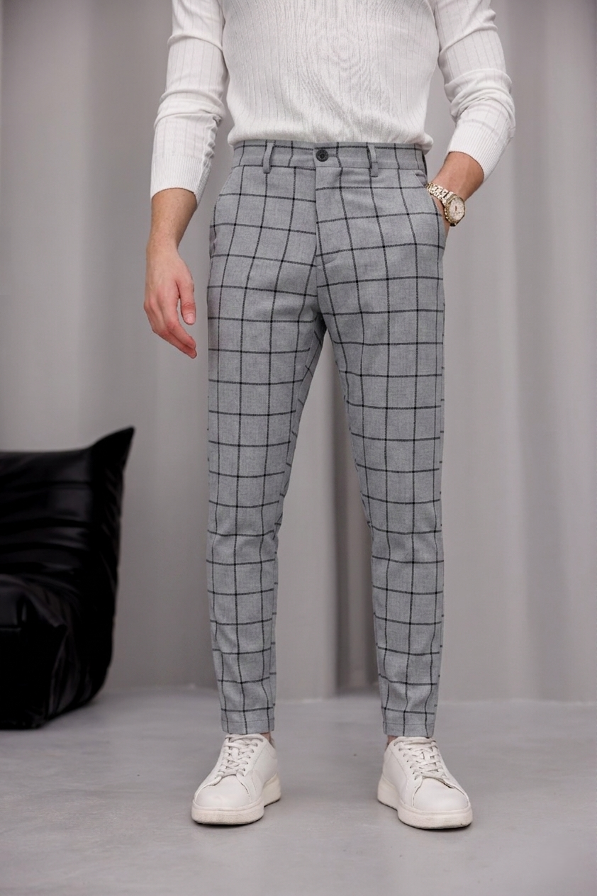 Erkek Açık Gri Slim Fit Ekoseli Likralı Yan Cep Bilek Boy Kumaş Pantolon