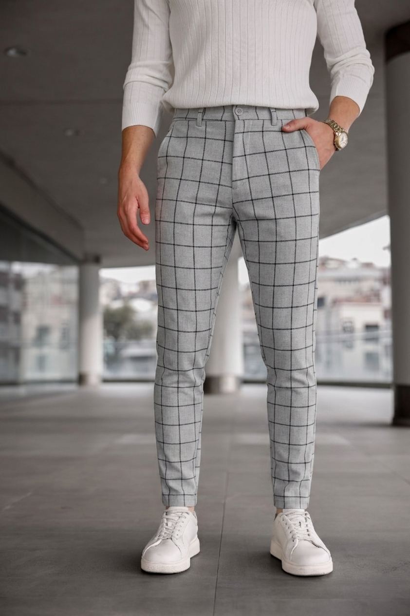 Erkek Açık Gri Slim Fit Ekoseli Likralı Yan Cep Bilek Boy Kumaş Pantolon
