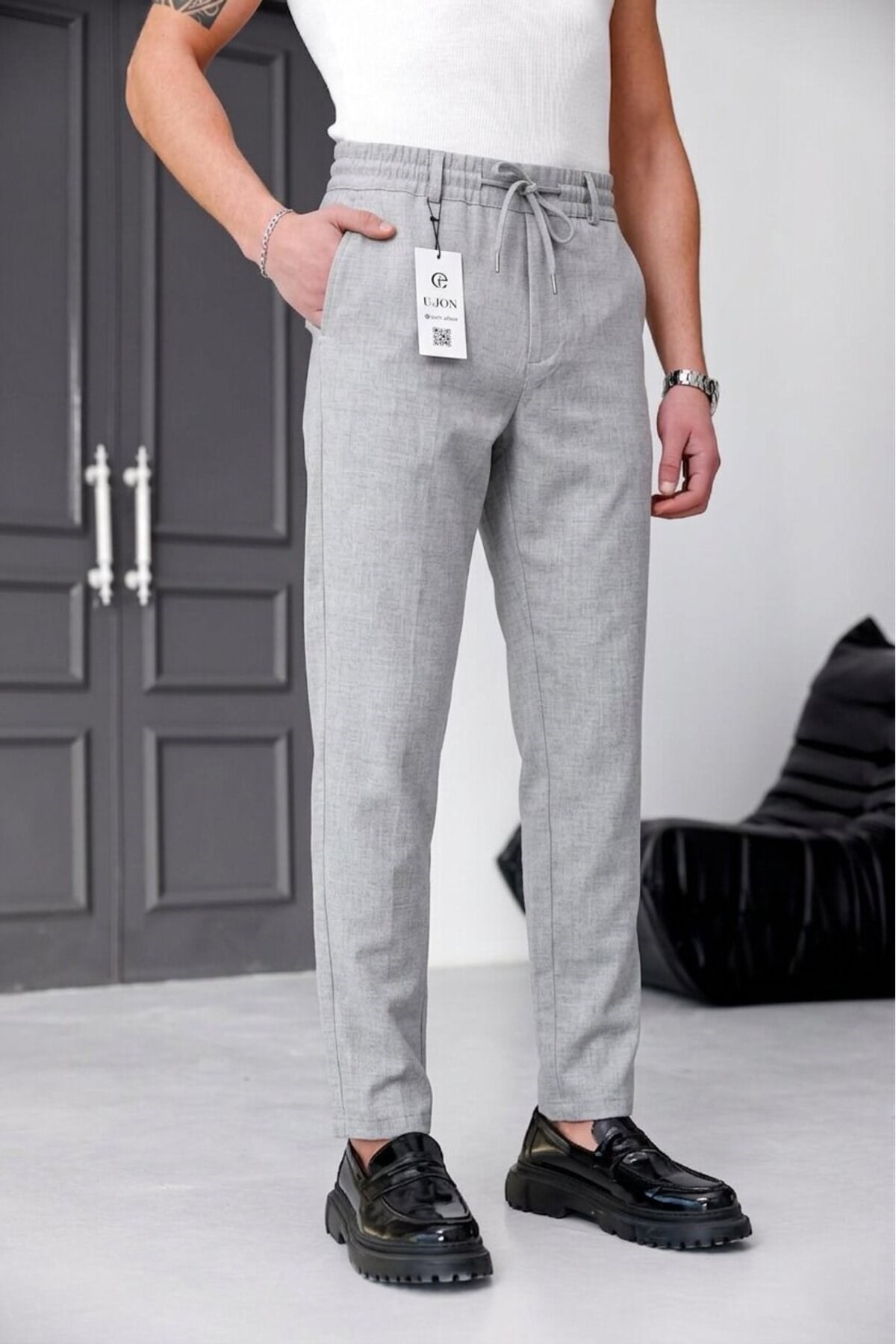 Erkek Açık Gri Slim Fit Likralı Beli Lastikli Bağcıklı Yan Cep Jogger Kumaş Pantolon
