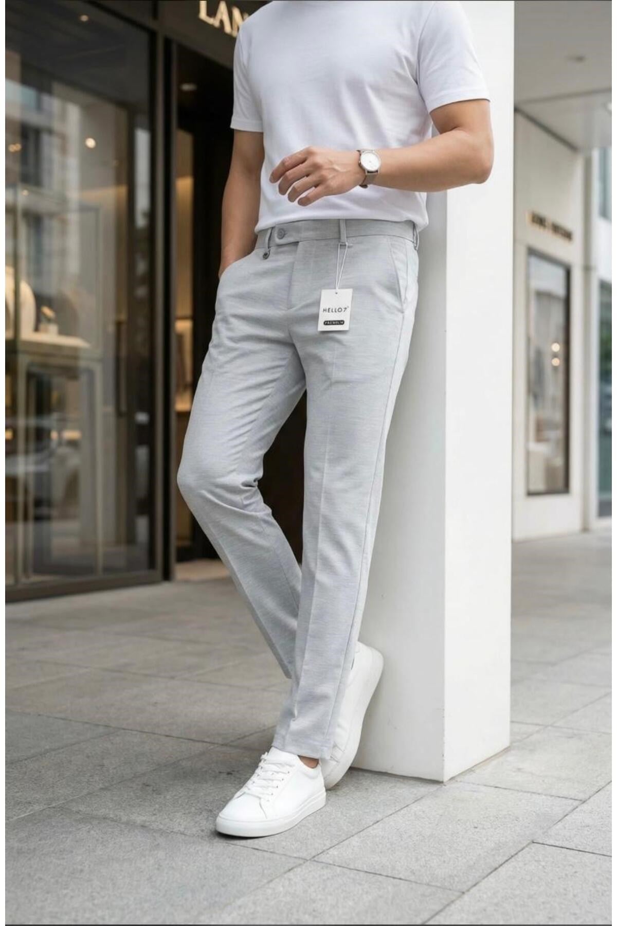 Erkek Açık Gri Slim Fit Likralı Yan Cep Bilek Boy Düz Kumaş Pantolon