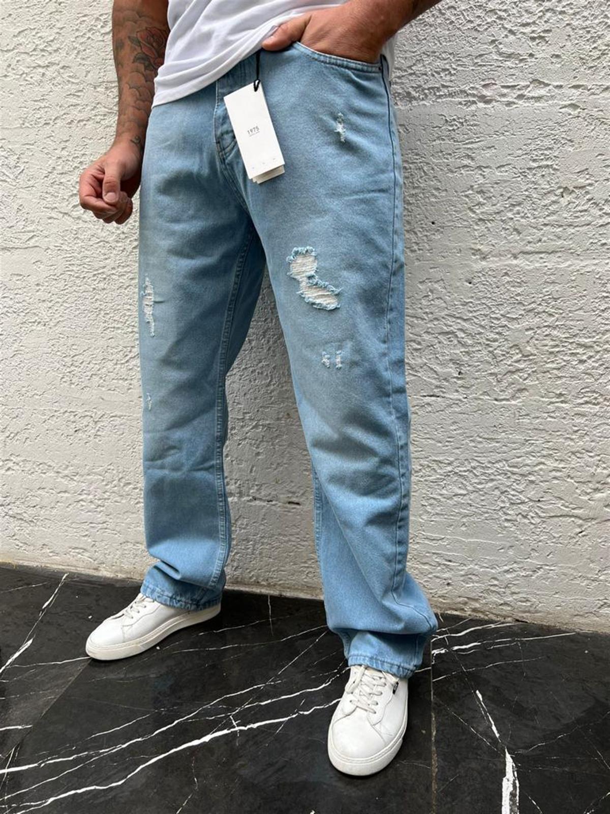 Erkek Açık Mavi Destroylu Baggy Denim Pantolon