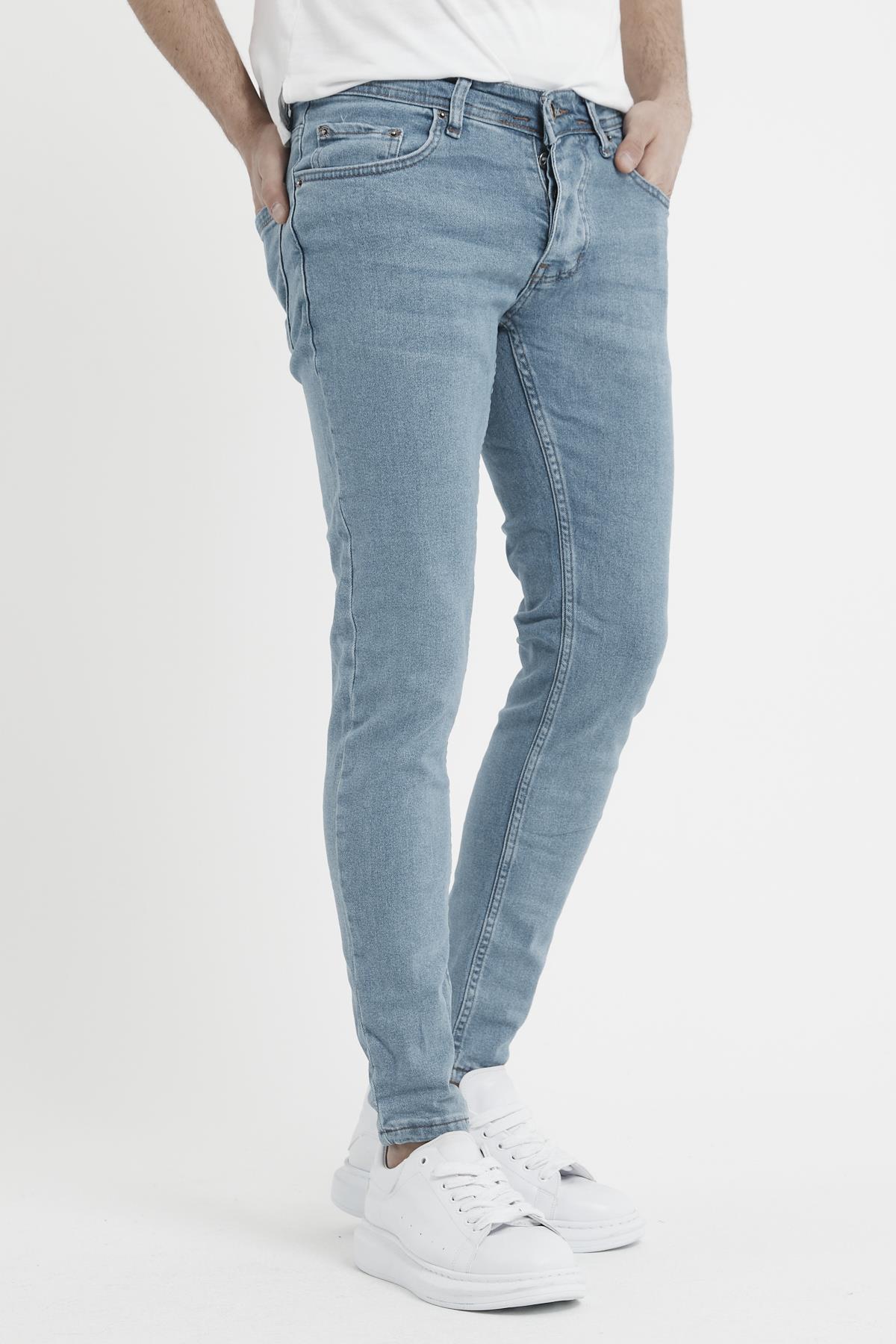Erkek Açık Mavi Slim Fit Likralı Dar Paça Kot Pantolon