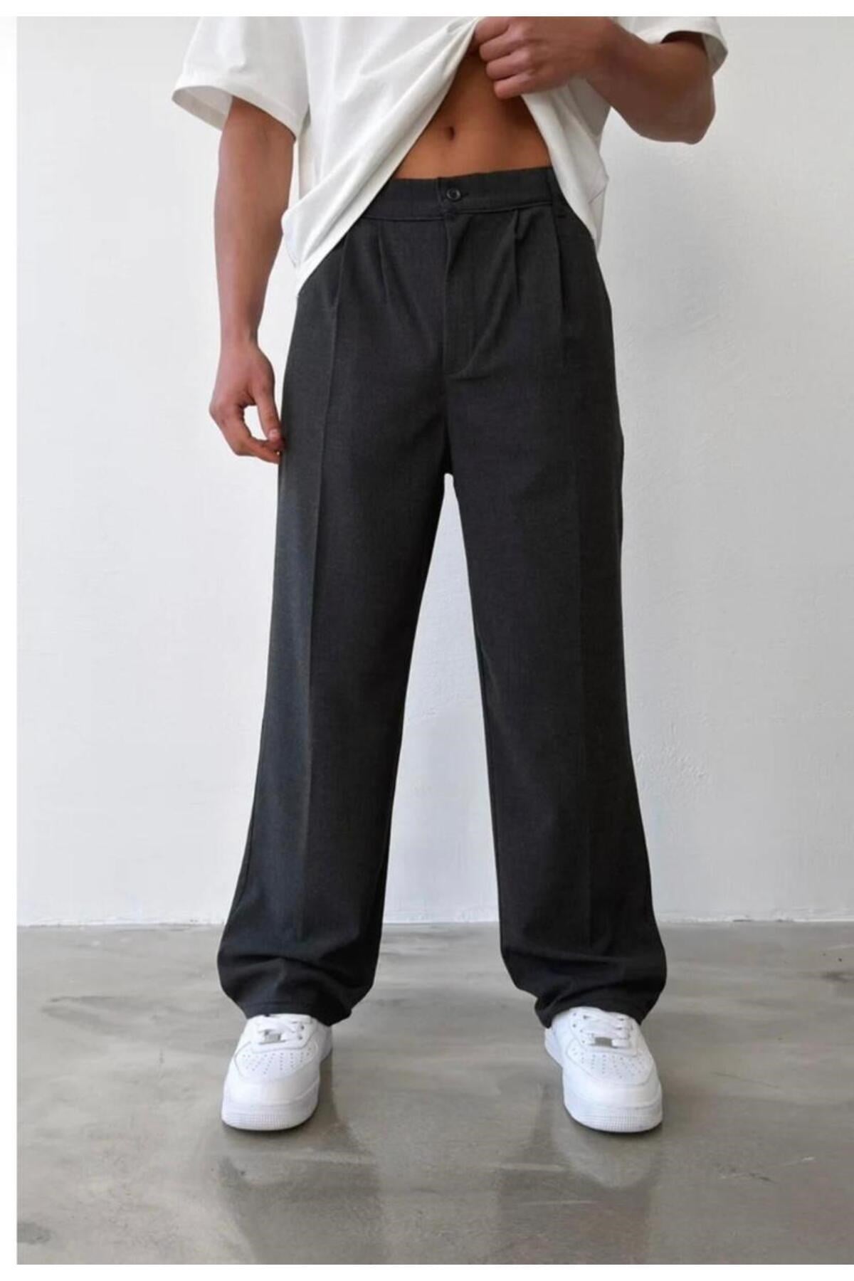 Erkek Antrasit Baggy Fit Rahat Kesim Pileli Kumaş Pantolon