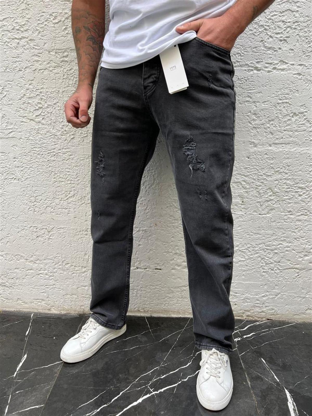 Erkek Antrasit Destroylu Baggy Denim Pantolon