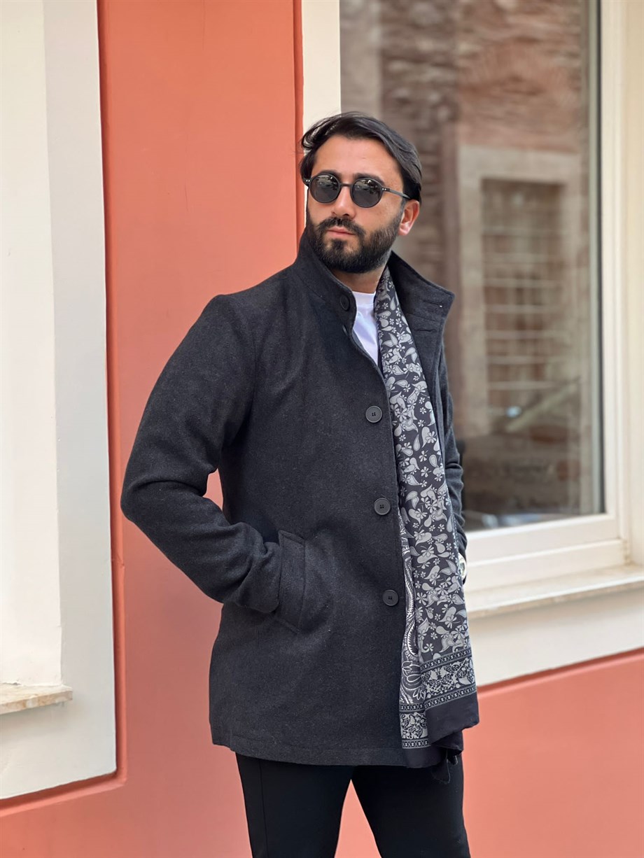 Erkek Antrasit Slim Fit Ezel Kaşe Kaban
