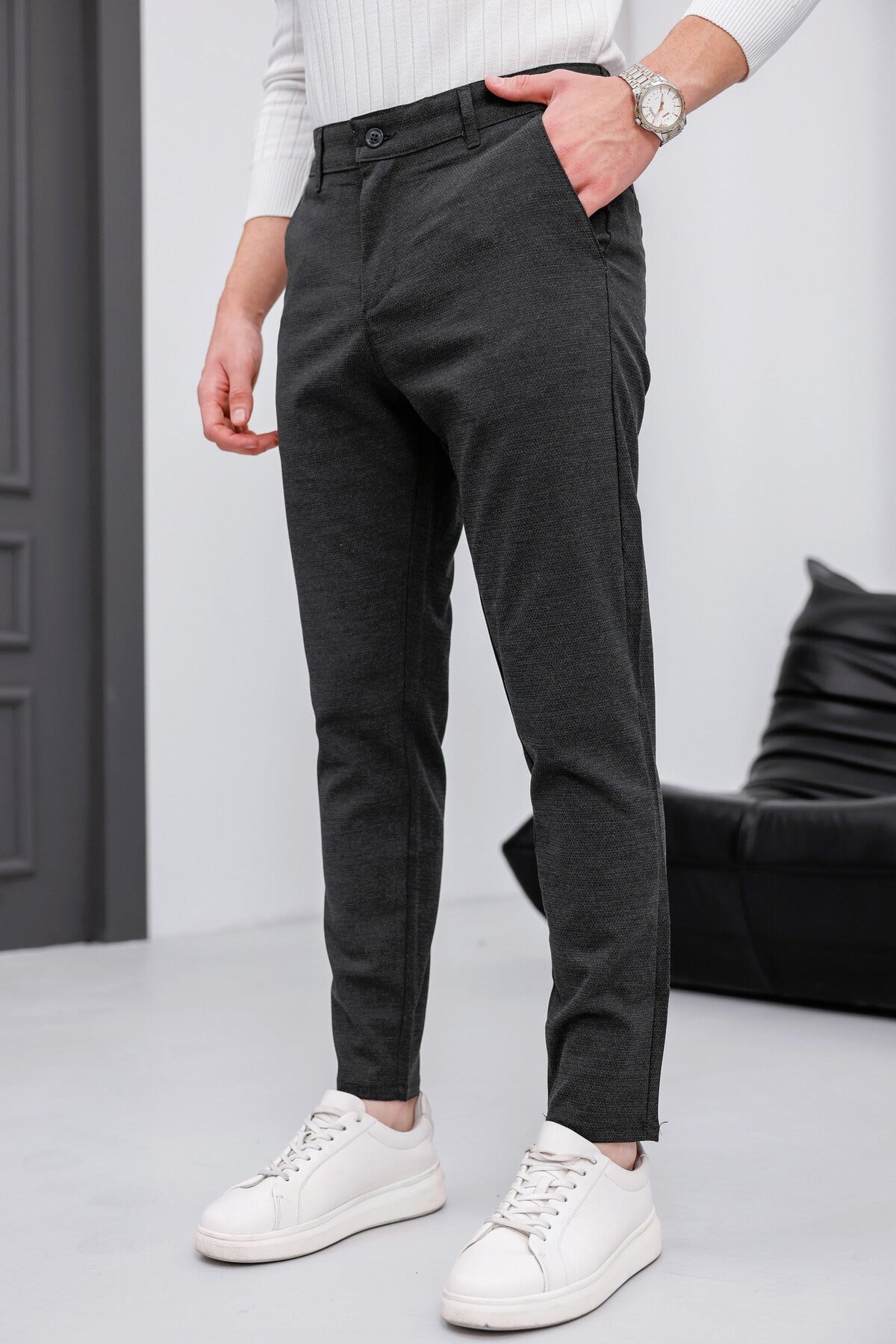 Erkek Antrasit Slim Fit Likralı Armür Desenli Casual Pantolon