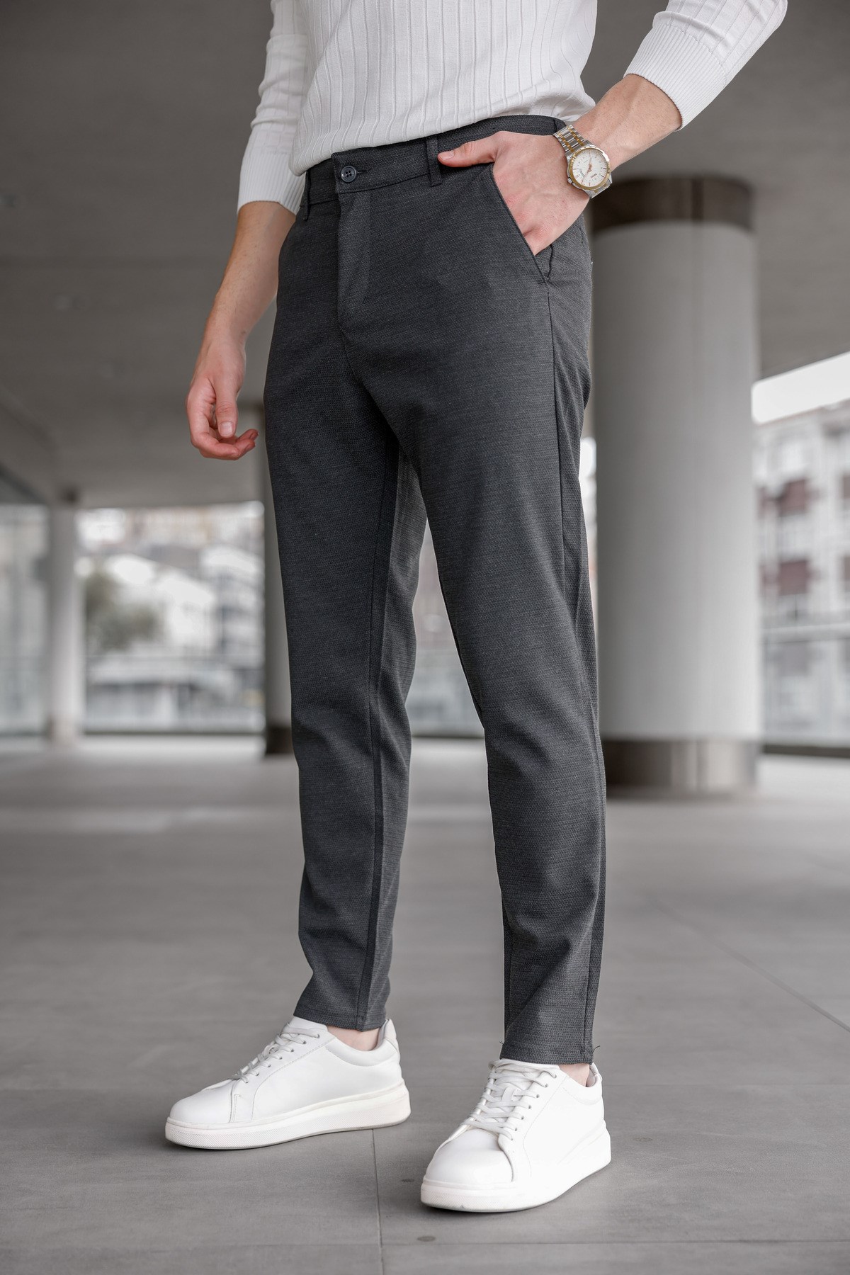 Erkek Antrasit Slim Fit Likralı Armür Desenli Casual Pantolon