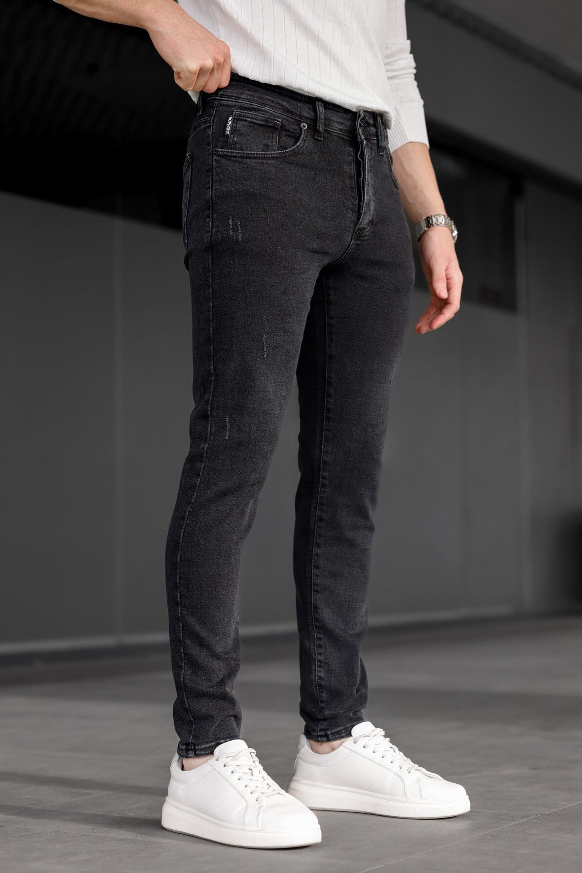 Erkek Antrasit Slim Fit Likralı Dar Paça Lazerli Kot Pantolon