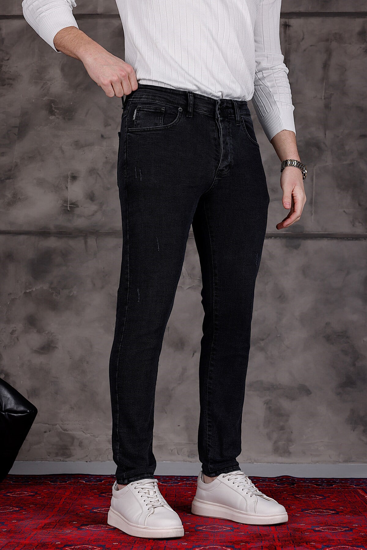 Erkek Antrasit Slim Fit Likralı Dar Paça Lazerli Kot Pantolon