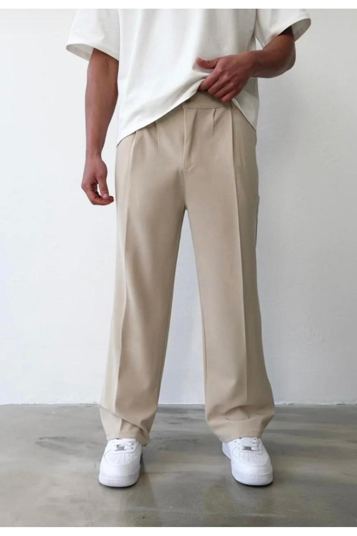 Erkek Bej Baggy Fit Rahat Kesim Pileli Kumaş Pantolon