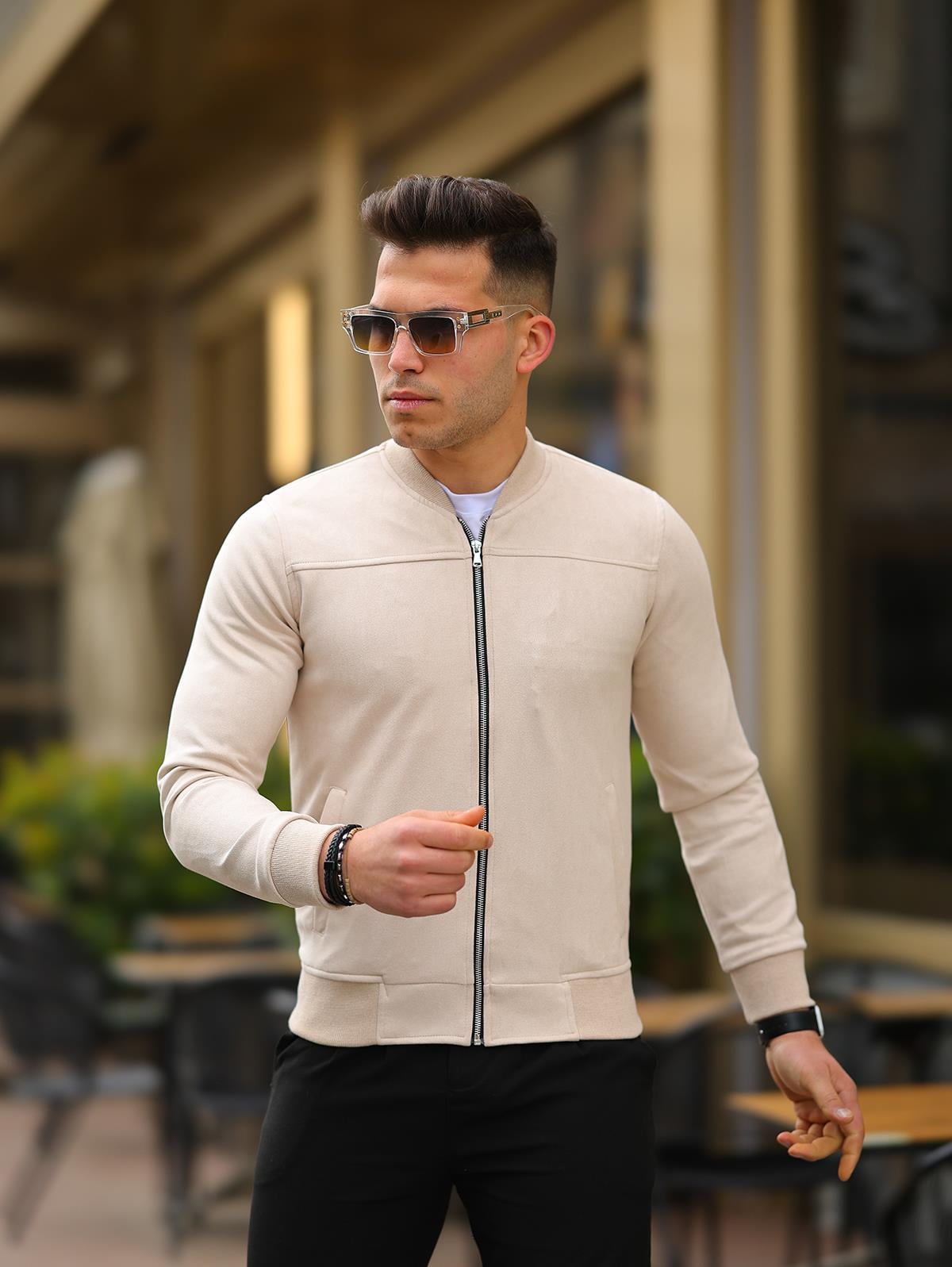 Erkek Bej Slim Fit Bomber Süet Ceket