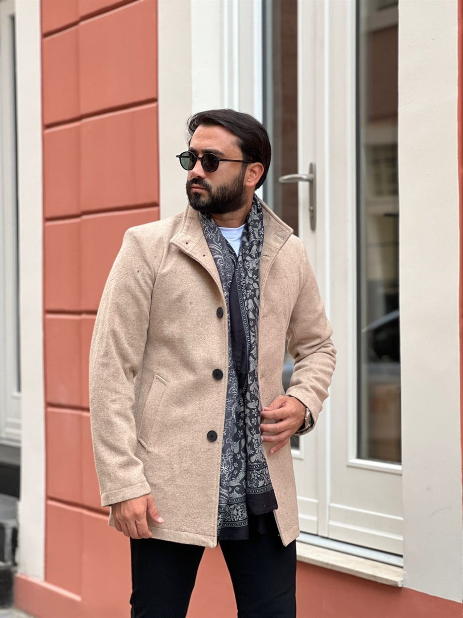 Erkek Bej Slim Fit Ezel Kaşe Kaban