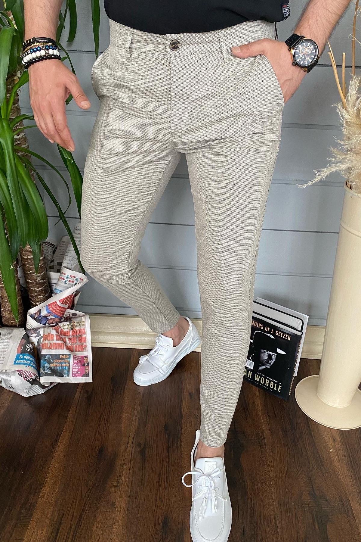 Erkek Bej Slim Fit Keten Pantolon