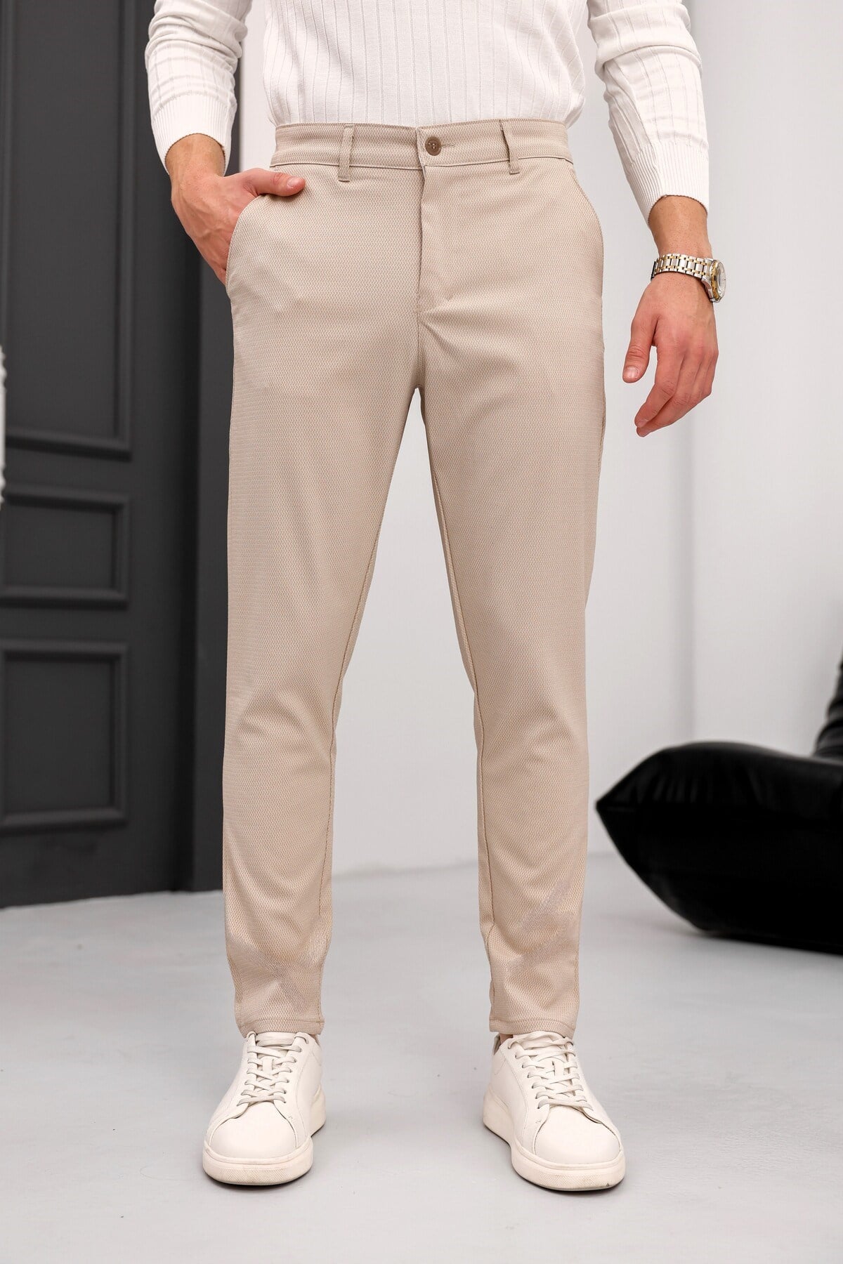 Erkek Bej Slim Fit Likralı Armür Desenli Casual Pantolon