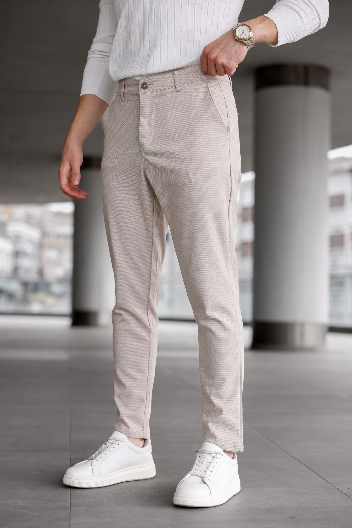 Erkek Bej Slim Fit Likralı Armür Desenli Casual Pantolon